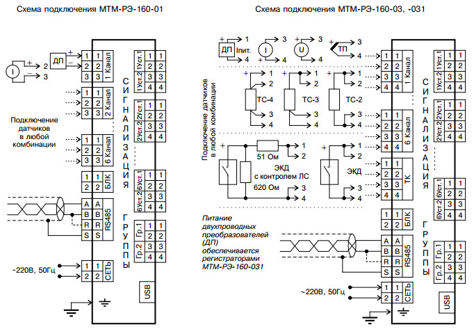 Рис.1. Схема подключения МТМ-РЭ-160-01,  МТМ-РЭ-160-03, -031