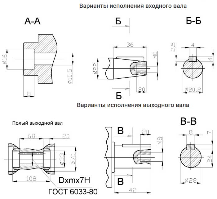 Варианты исполнения входного / выходного вала